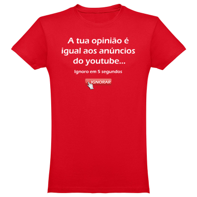 T-shirt vermelha com texto branco e botão vermelho impresso