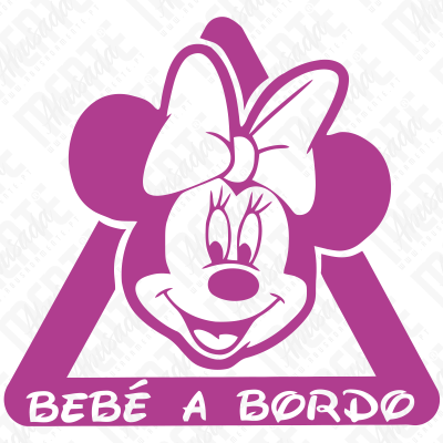 Sinal triangular roxo com rosto da Minnie Mouse e texto Bebé a Bordo