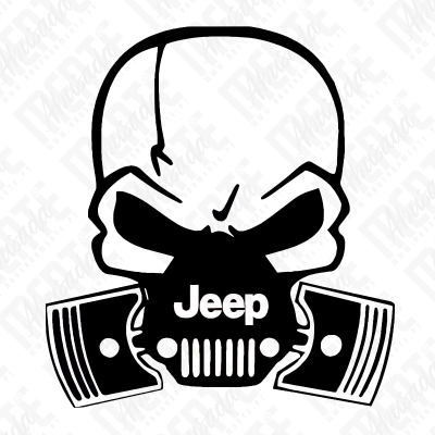 Desenho de crânio estilizado com texto Jeep e grelha frontal de carro