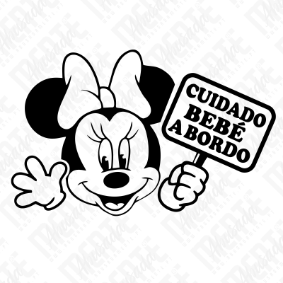 Desenho preto e branco da Minnie Mouse com laço e cartaz CUIDADO BEBÉ A BORDO