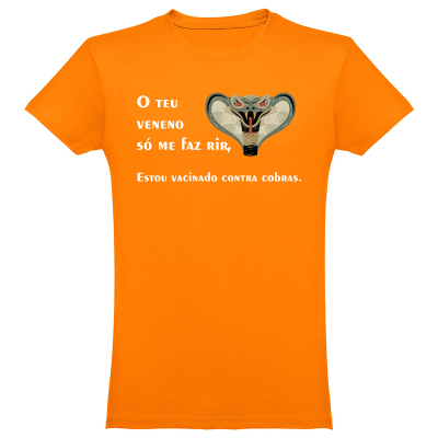 T-shirt laranja com cobra e texto em branco