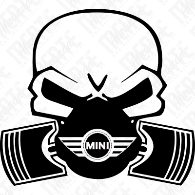 Logo caveira preto e branco com texto MINI