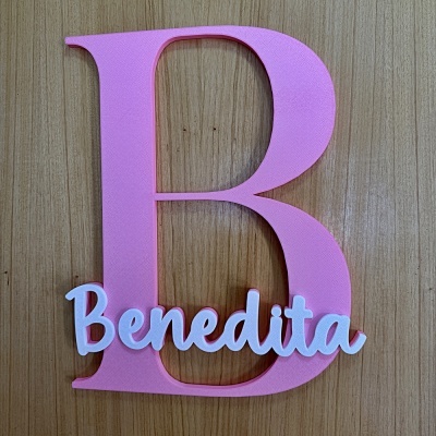 Letra decorativa rosa com texto branco Benedita sobre fundo de madeira