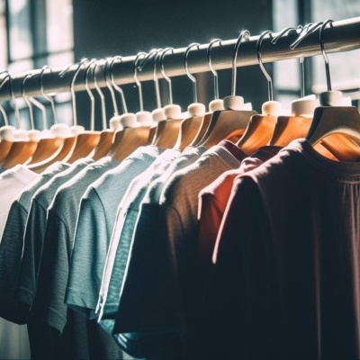 Várias t-shirts penduradas em cabides numa barra metálica