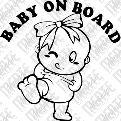 Desenho preto e branco de bebé com texto BABY ON BOARD