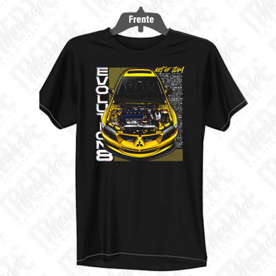 T-shirt preta com estampa frontal de carro amarelo Mitsubishi Evolution 8
