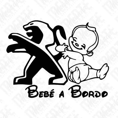 Autocolante preto e branco com desenho de leão estilizado e bebé sorridente, texto Bebé a bordo.