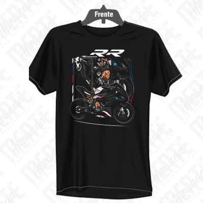T-shirt preta com estampado de mota desportiva e texto RR Sigoo