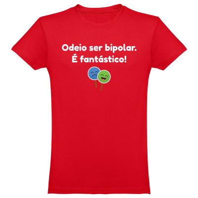 T-shirt vermelha com texto branco e desenho de pirulitos sorridentes