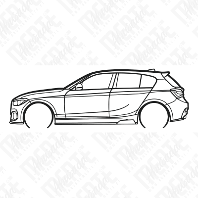 Desenho de contorno preto de um carro compacto de cinco portas visto de lado