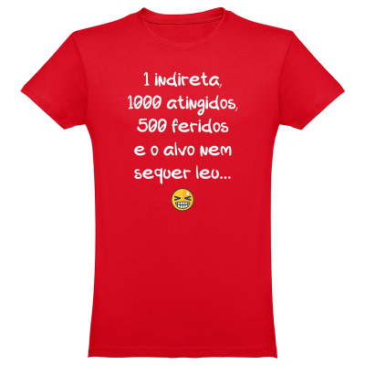T-shirt vermelha com texto branco e emoji sorridente