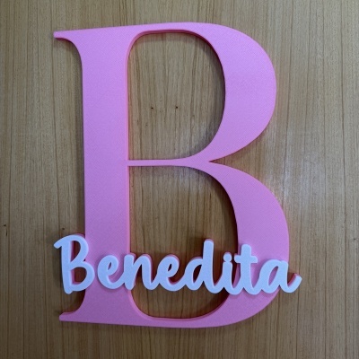 Letra decorativa rosa com o nome Benedita em branco sobre madeira