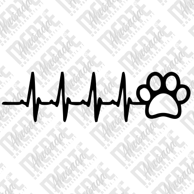 Linha de batimentos cardíacos preta terminando numa pata de animal, fundo branco com marcas de água.