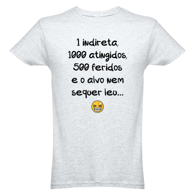 T-shirt cinzenta clara com texto e emoji estampados na frente