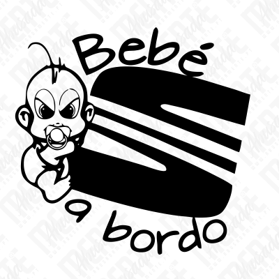 Desenho preto e branco de bebé zangado com chupeta e texto Bebé a bordo