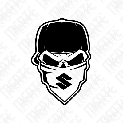 Desenho preto e branco de caveira com máscara e cabelo curto.