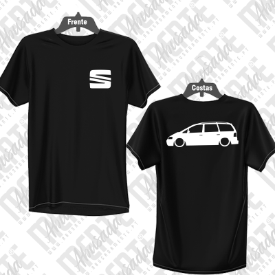T-shirt preta com logótipo branco na frente e silhueta de carrinha branca nas costas