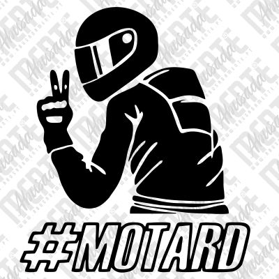 Desenho preto e branco de motociclista com capacete e mochila fazendo sinal de paz e texto #MOTARD