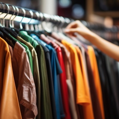 T-shirts coloridas penduradas em cabides numa loja com uma mão a escolher uma t-shirt