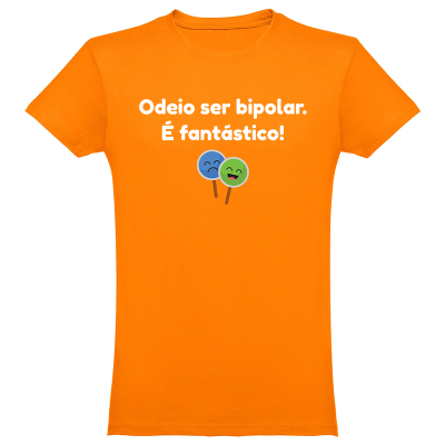 T-shirt laranja com texto e balões sorridentes