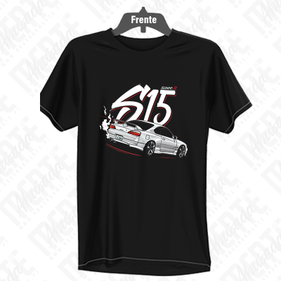 Camiseta preta com estampa de carro desportivo branco e texto S15 spec.R