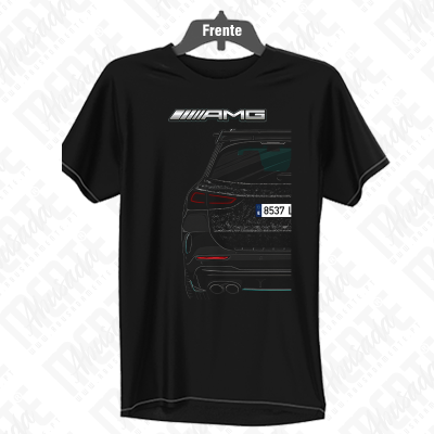 T-shirt preta com estampa traseira de carro AMG e logótipo AMG