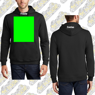 Sweatshirt preta com capuz vista frontal e traseira com área verde para personalização
