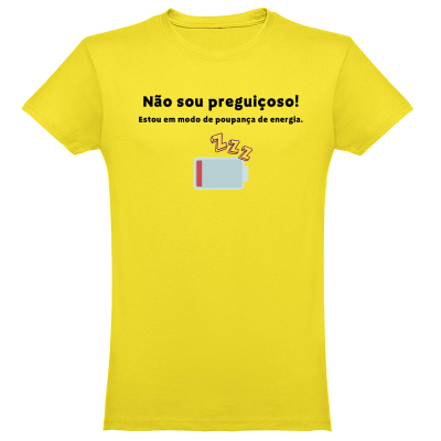 T-shirt amarela com texto e desenho de bateria fraca