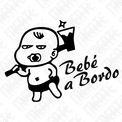 Desenho de bebé com chupeta e machado ao lado de copo, texto Bebé a Bordo