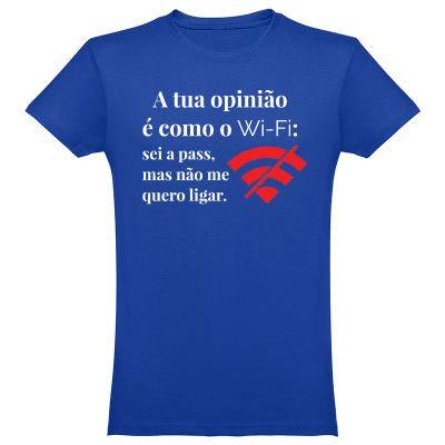T-shirt azul com texto em branco e símbolo vermelho de Wi-Fi riscado