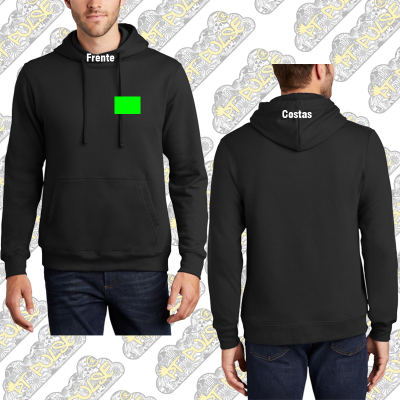 Casaco de capuz preto masculino frontal e costas com padrão de logótipo ao fundo