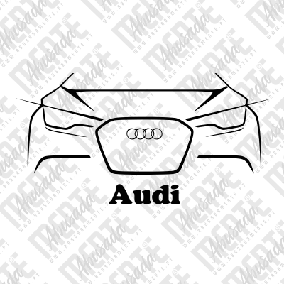 Desenho frontal simples de um carro Audi com logótipo e texto