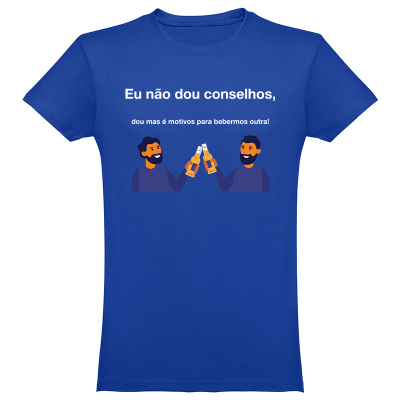 T-shirt azul com ilustração e texto em português