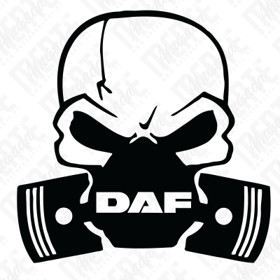 Logotipo preto e branco de caveira com pistões e texto DAF