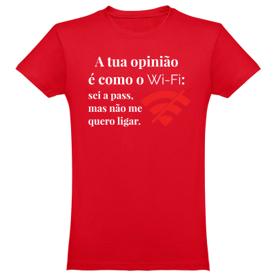 T-shirt vermelha com texto humorístico sobre Wi-Fi