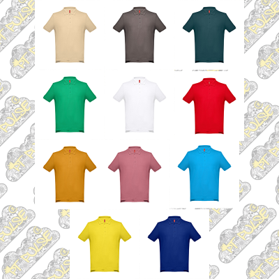 Doze polos de manga curta em várias cores sobre fundo branco com padrão decorativo PT PULSE