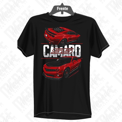 T-shirt preta com estampa de carro Camaro SS vermelho e texto.