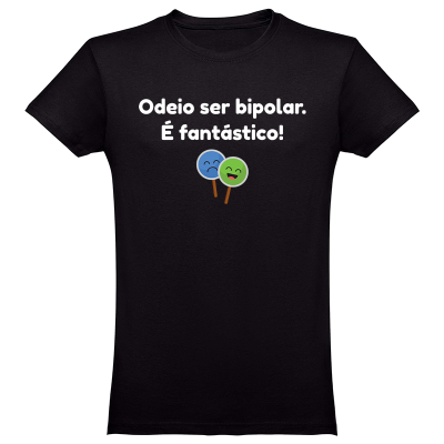 T-shirt preta com texto branco e desenho de pirulitos felizes e tristes
