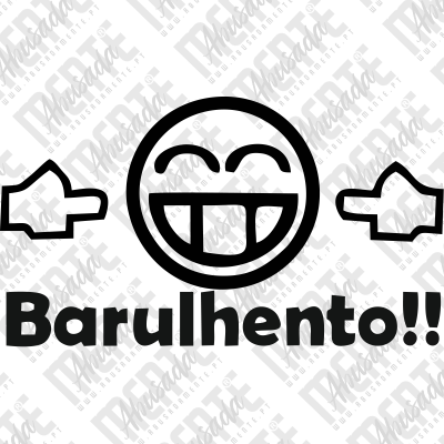Ilustração preta de rosto sorridente e mãos com texto BARULHENTO!!