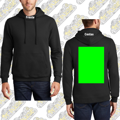 Sweatshirt preta com capuz e bolso canguru, frente lisa e verso com retângulo verde nas costas