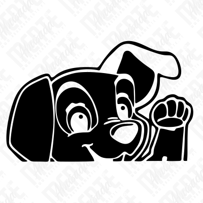 Desenho animado preto e branco de cão com pata levantada