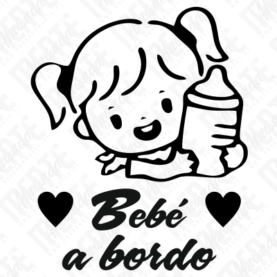 Desenho preto e branco de menina com tranças e mamadeira com texto Bebé a bordo.