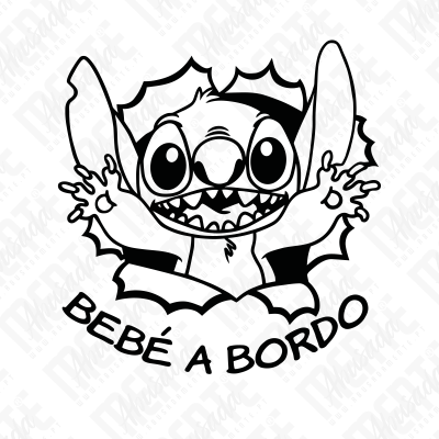 Desenho a preto e branco de figura de desenho animado com texto BEBÉ A BORDO.