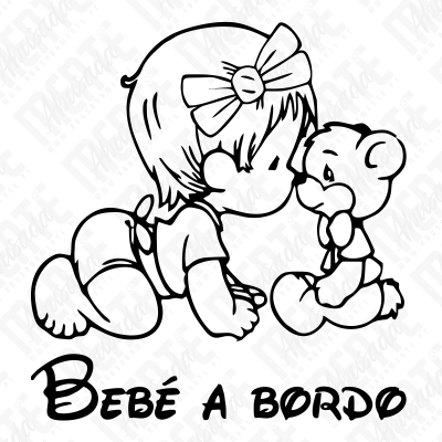Desenho a preto e branco de um bebé a engatinhar e um ursinho de peluche com o texto Bebé a bordo