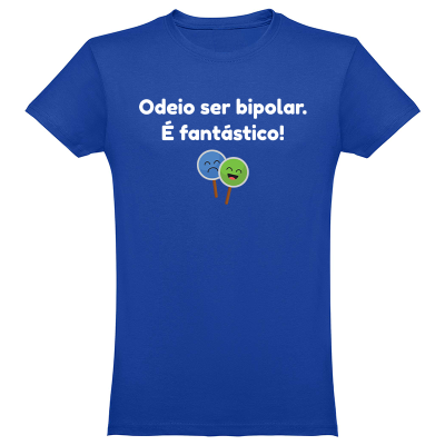 T-shirt azul com texto branco e dois balões felizes e tristes no centro.