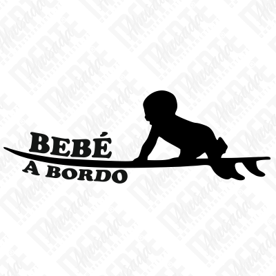 Autocolante preto com texto BEBÉ A BORDO e bebé em prancha de surf