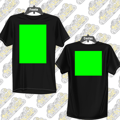 Duas t-shirts negras com retângulos verdes centrados, etiquetas Frente e Costas, fundo com padrão FTPULSE cinza e amarelo