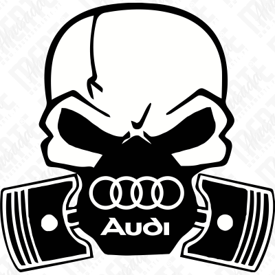 Desenho de crânio com pistões e logotipo Audi