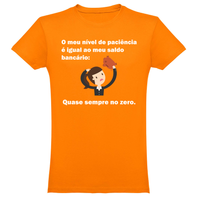 T-shirt laranja com texto branco e ilustração de mulher