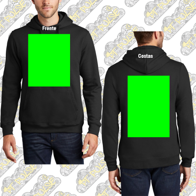 Hoodie preto masculino com capuz e bolso frontal, texto branco Frente e Costas visível.